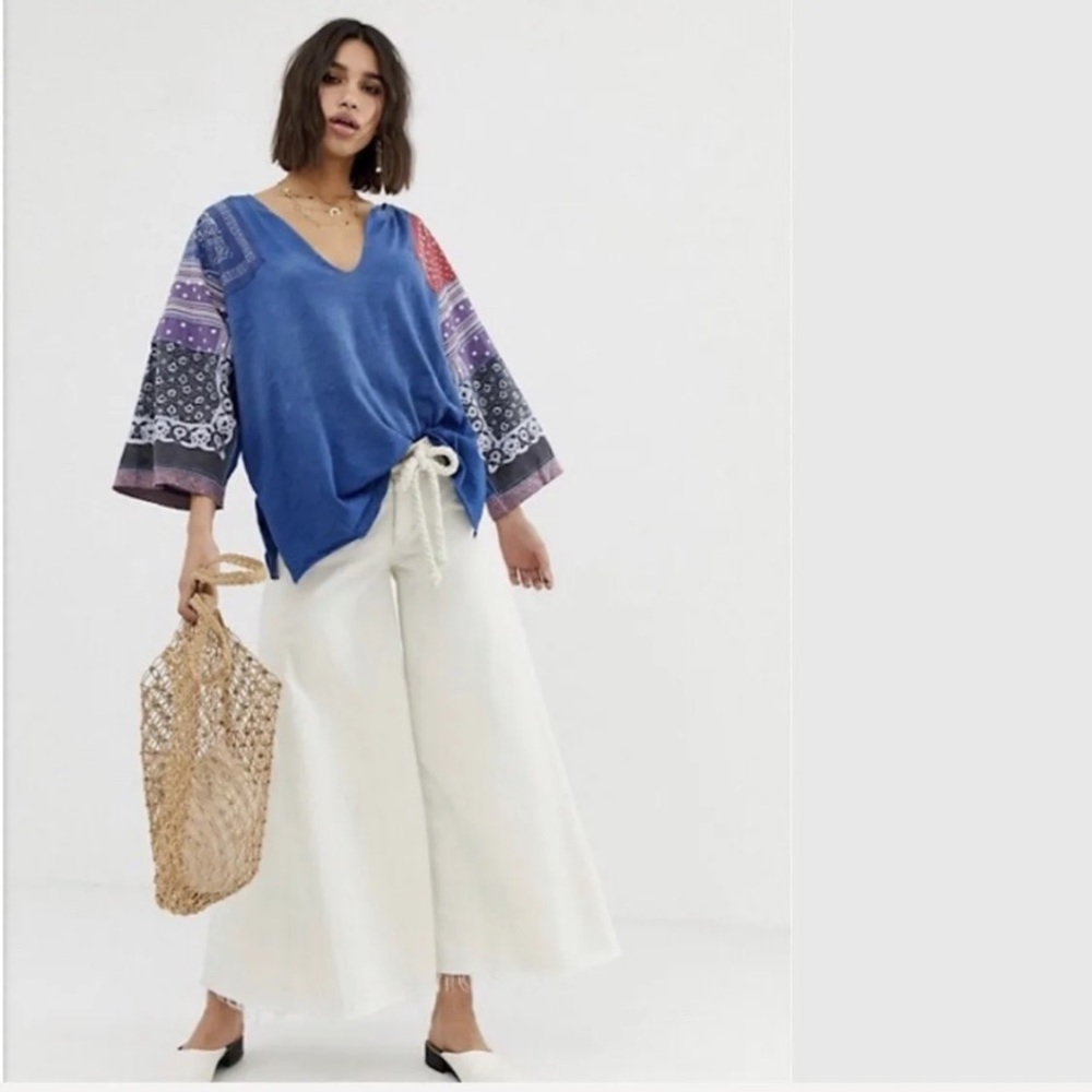 Free People Shibuya Boho Patchwork bohemian boho Blue Raw Edge Top